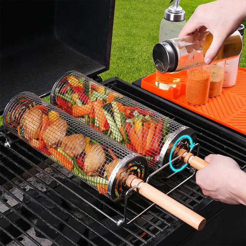 BBQ Basket Stainless Steel Rolling Grilling Grilling  Wire Mesh Cylinder Grill Basket BBQ Grill Basket Outdoor Grill Accessories