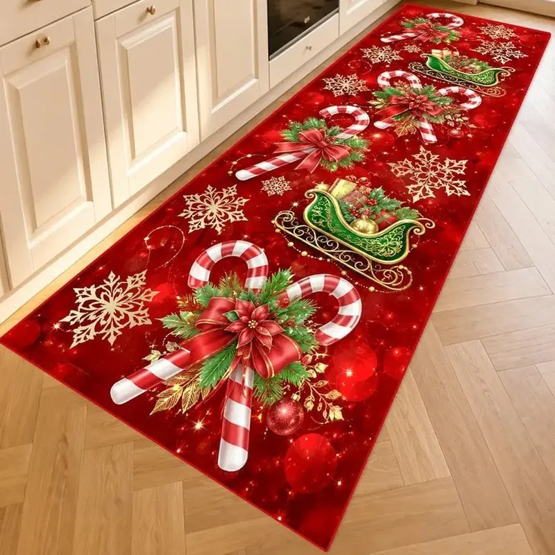VIKAMA Red Candy Cane Sleigh Christmas Runner Rug, Soft Flannel Hallway Carpet, Non Slip Washable Kitchen Mat with Snowflake
