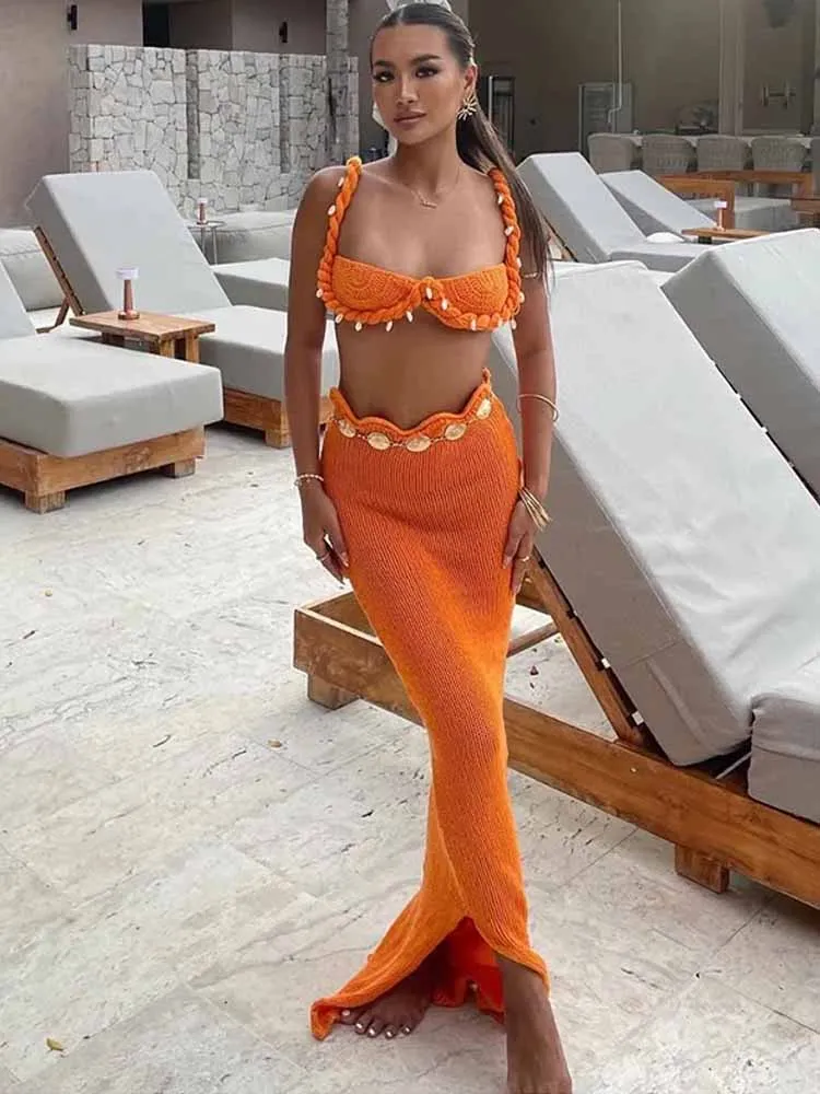 세련된 니트 비키니 조끼 스커트 세트 여성 쉘 트위스트 스트랩 백리스 자르기 탑 힙합 패키지 스플릿 롱 스커트 2 피스 비치 의상