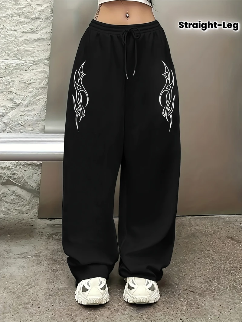 

Men's Gothic Dark Tattoo Print Wide-Leg Pants with Thigh & Calf Rune Designs Loose-Fit Trousers for All-Season Wear Black White