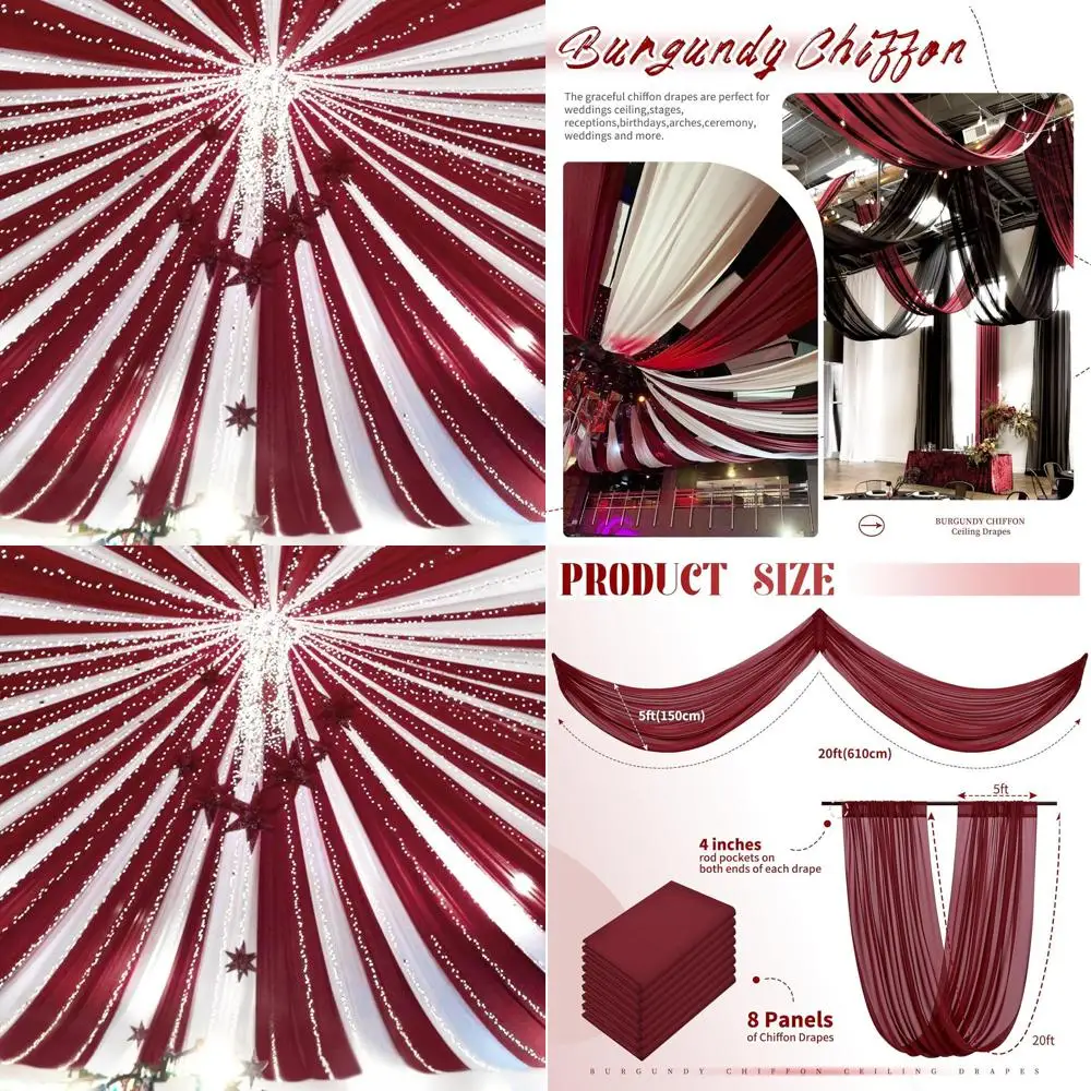 

Burgundy 8-Panel Ceiling Drapes, 5ft x 20ft Voile Chiffon for Wedding Arch and Party Decorations