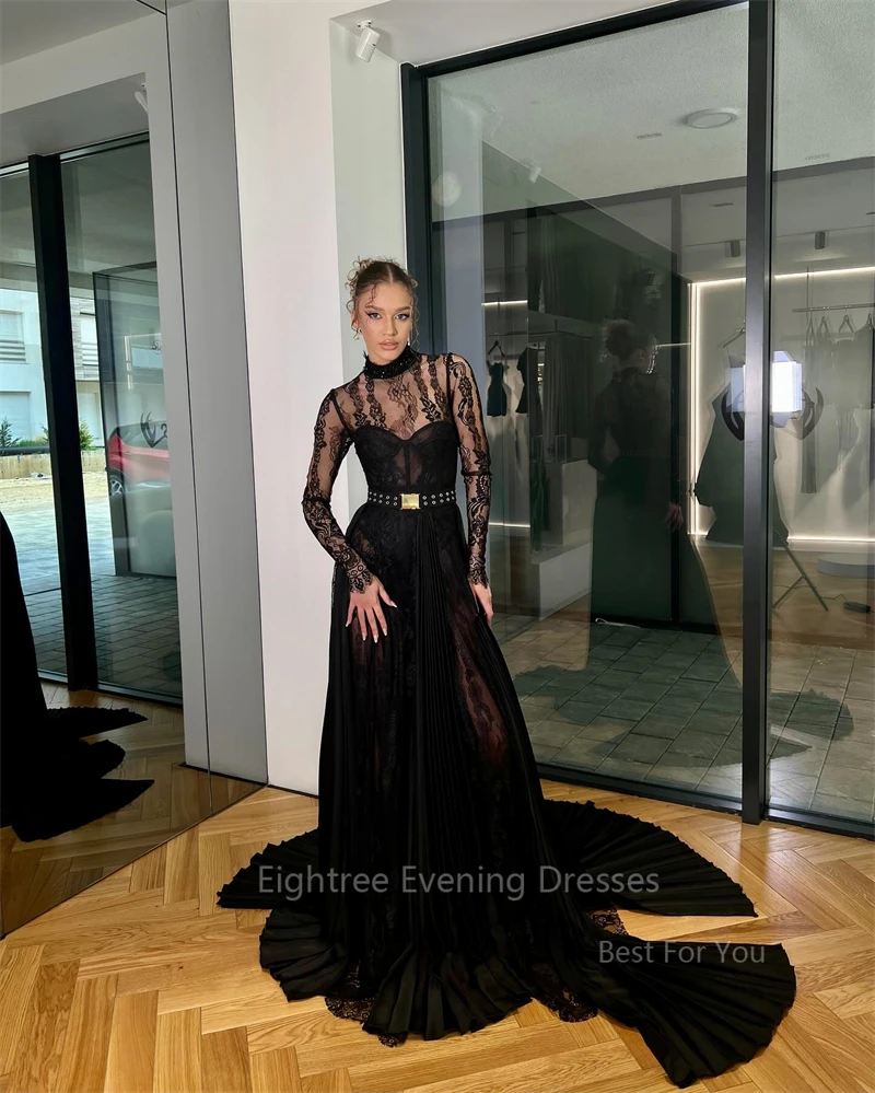 Eightree Sexy Black Lace Evening Dresses Long Sleeve Illusion Prom Party Dress Skirt High Neck Cocktail Gowns Israel vestidos