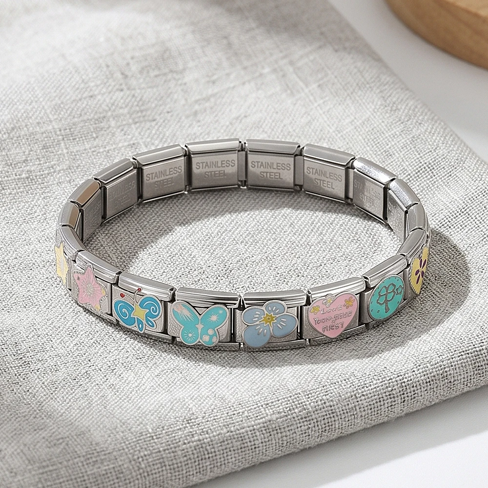 URING Buntes Emaille Trendiges Liebliches Stern-Herz-Design Italienische Gliederkette passend für 9mm Edelstahlarmband DIY Charm-Schmuckherstellung – Detail 2