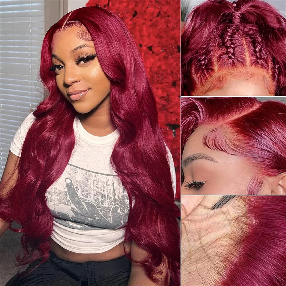 13x4 Body Wave 99j Burgundy Lace Front Wigs HD Transparent Lace Front Human Hair Wig Pre Plucked Lace Frontal Wig For Women