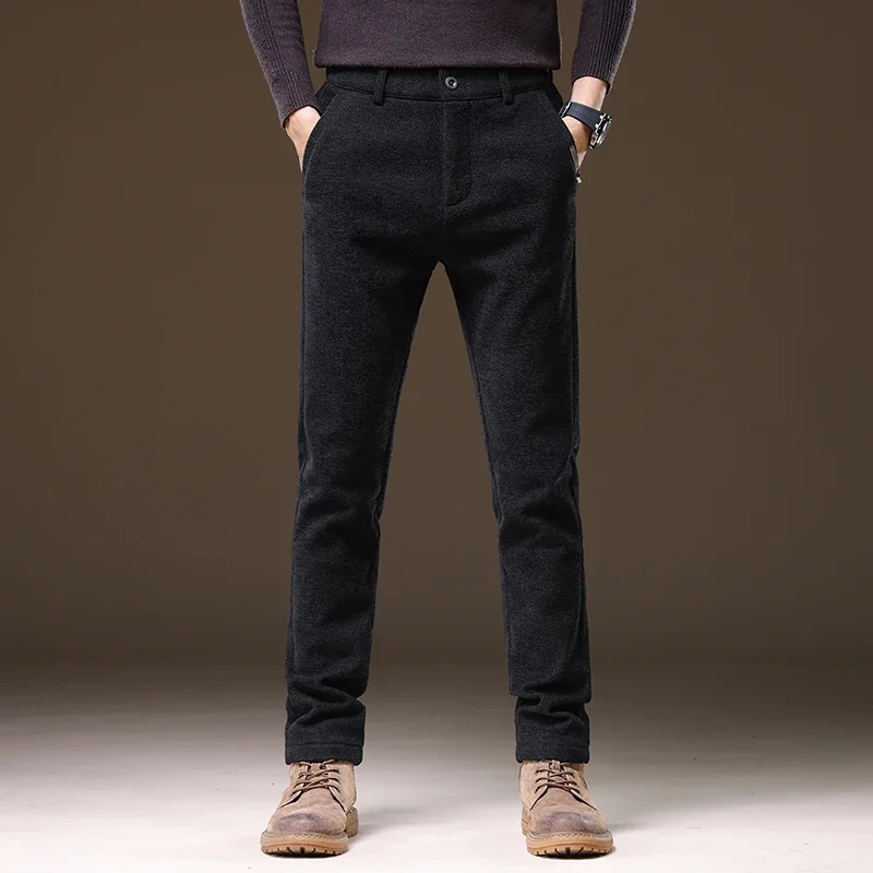 Brand Autumn Winter Luxury Casual Pants Men Thick Business Elastic Waist Slim Korean Brushed Fabric Brown Long Trousers Male