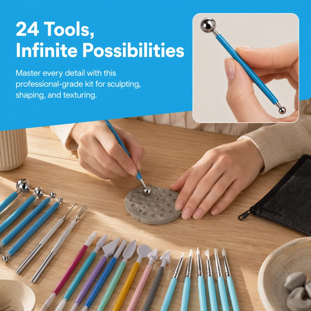 24Pcs Polymer Clay Tools Kit – Multi-functional Carving & Sculpting Set for Pottery Art, Ceramic Modeling, DIY Crafts