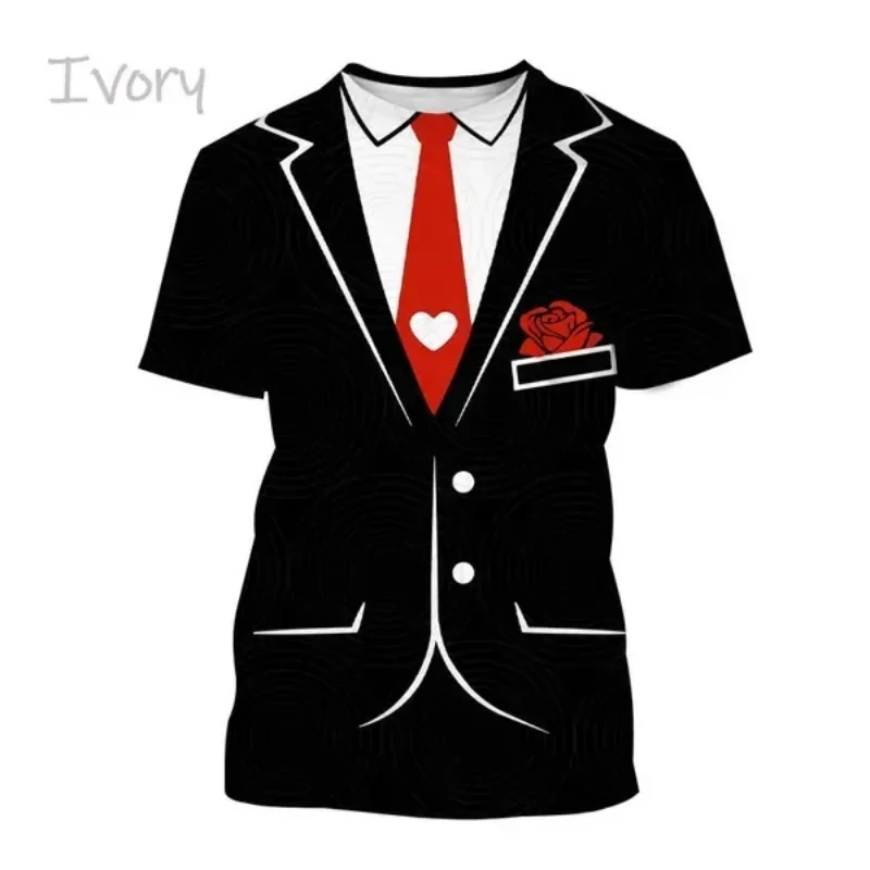 Funny Men Cloting Personality Tuxedo Retro Tie Suit Graphic T Shirts Fashion Fake Suit Short Sleeve Casual Party Men Tees Tops