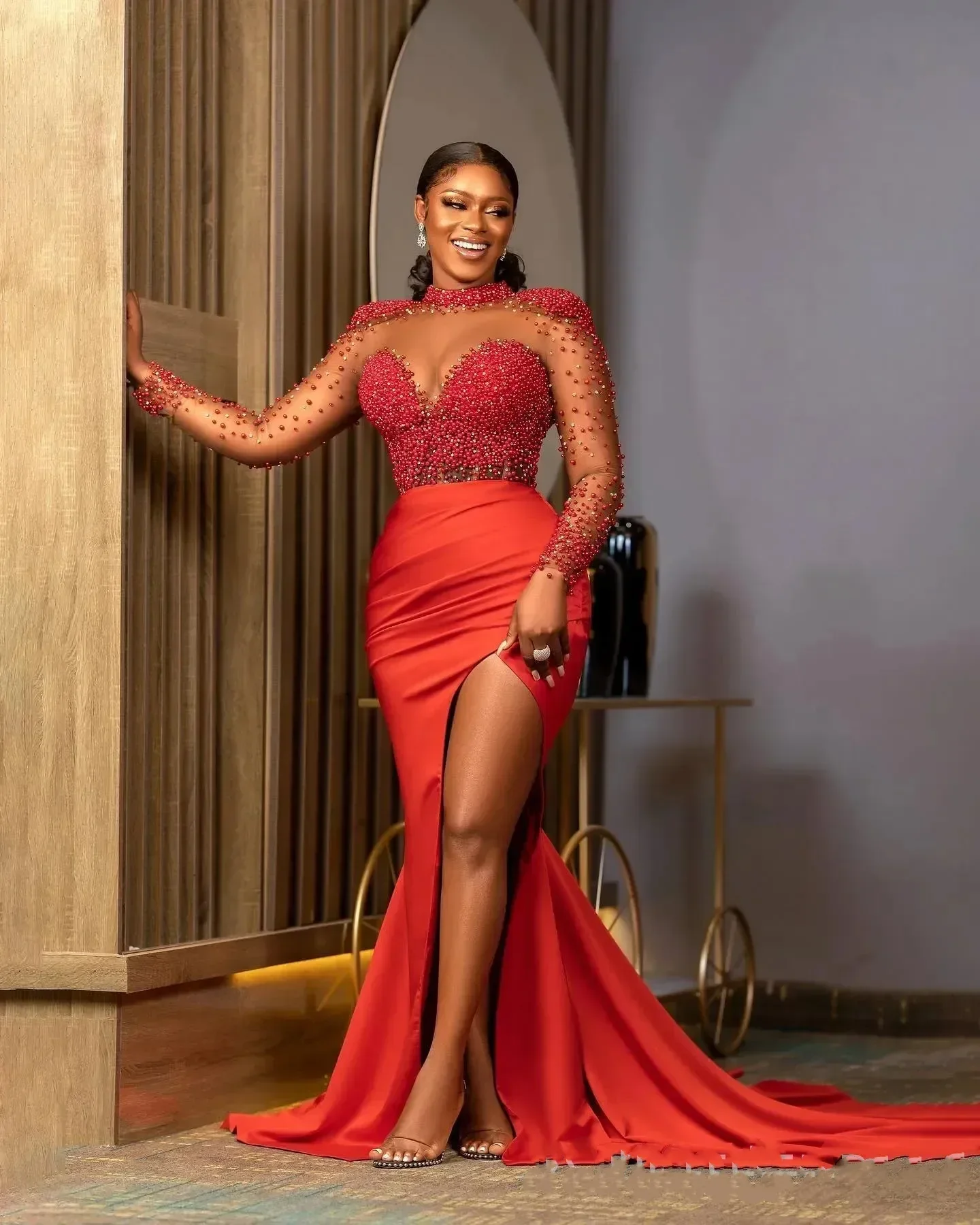 Prom dress 2025 Sexy Red Mermaid Evening Dress High Neck Shining Beaded Long Sleeve for Women Second Set Reception Ball Gown
