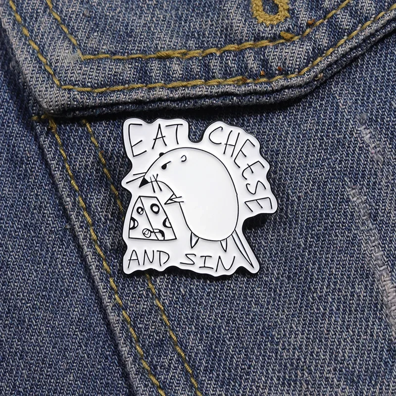 Eat Cheese and Sin Enamel Pin Custom Rat Eats Cheese Brooches Lapel Pins Badges Cartoon Animal Jewelry Gift for Kids Friends