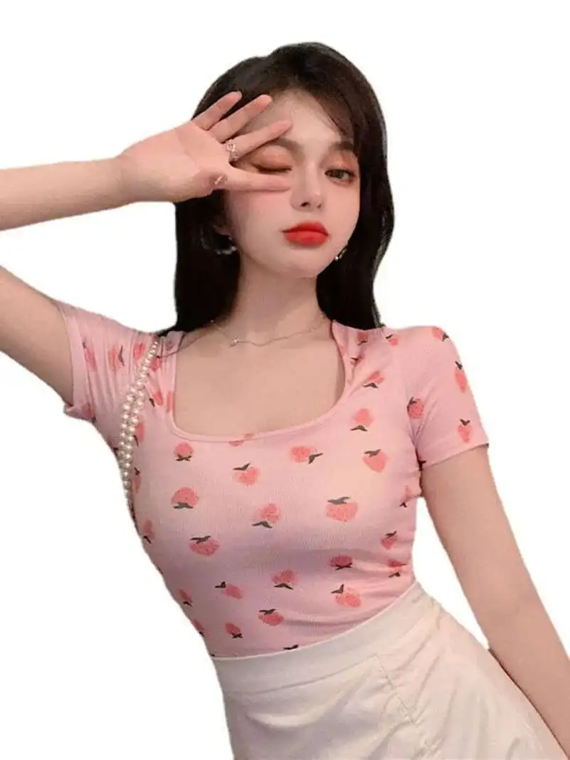 WOMENGAGA スイートクールホットガールセクシースクエアネックショートTシャツ レディース サマー スリムボトムシャツ トップ ガールズ 学生 ファッション スイート LB73