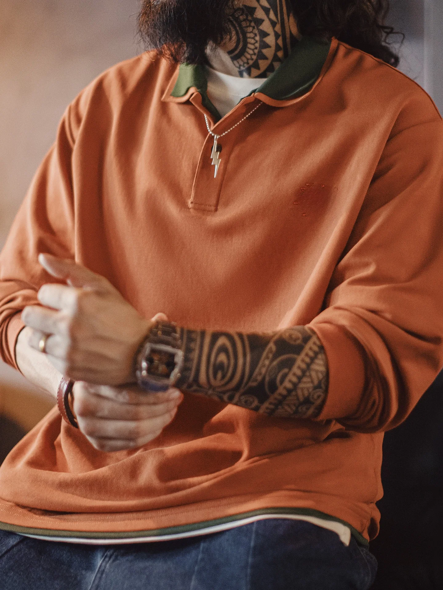 

Maden American Retro Navajo Ne Sweatirt Fake Two-Piece Long Sve Orange Knitted Men's Spring Casual Sle Cotton T...