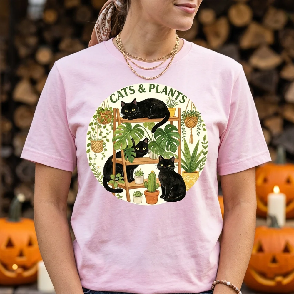 Women  Cat Plant Graphic T Shirt Black Cat On Shelf Botanical Aesthetic Short Sleeve Tee Top