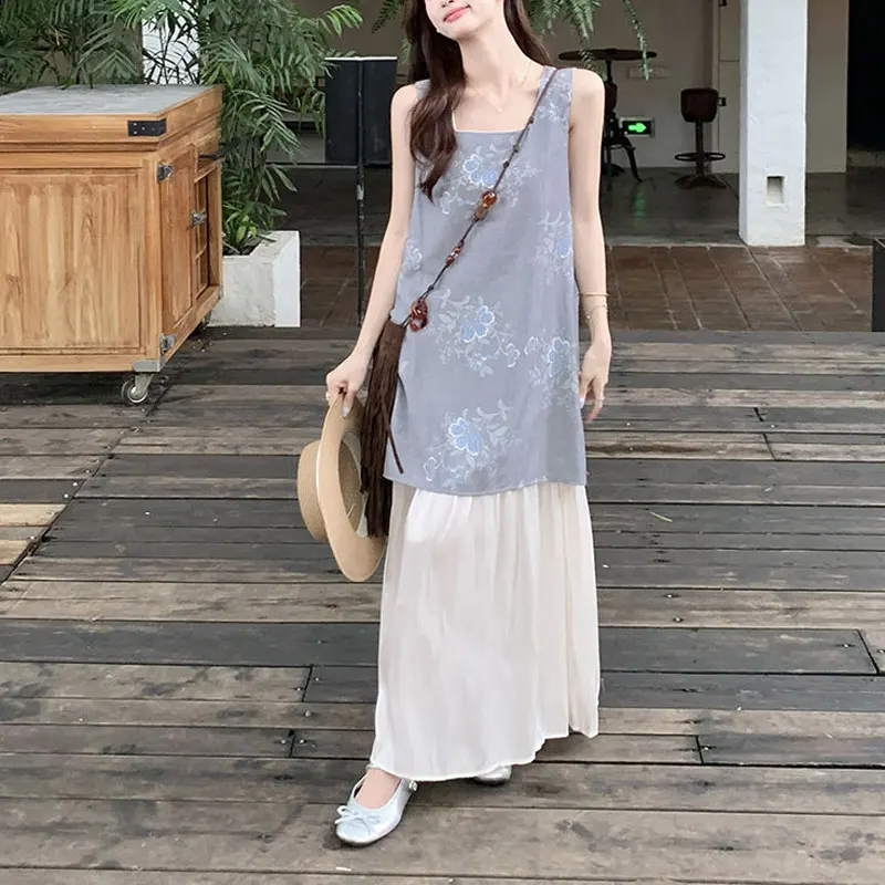 Folk Vintage Floral Printed Dresses Summer Stylish Patchwork Women's Clothing Square Collar Casual Straight Slip Long Dress New