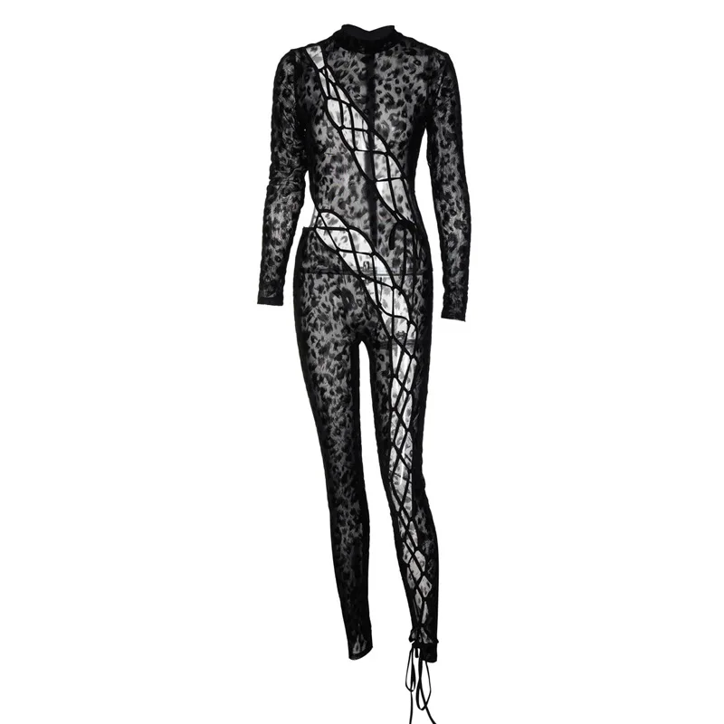 2023 Leopard Patchwork Hollow Out See Through Bandage Sexy Jumpsuit Fall Winter Women Party Y2K Bright Line Decoration