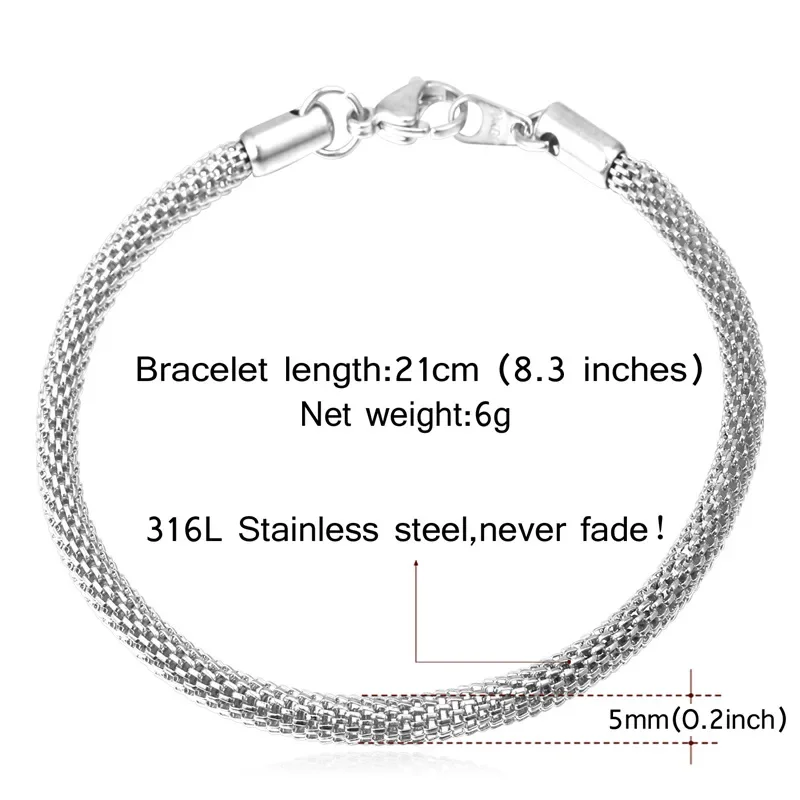 Chainspro Staineless Steel 5mm Brainding Mesh Net Tube Chain Bracelet for Man Ethiopian Bangles Rope 21cm 8.3inches Man Jewelry