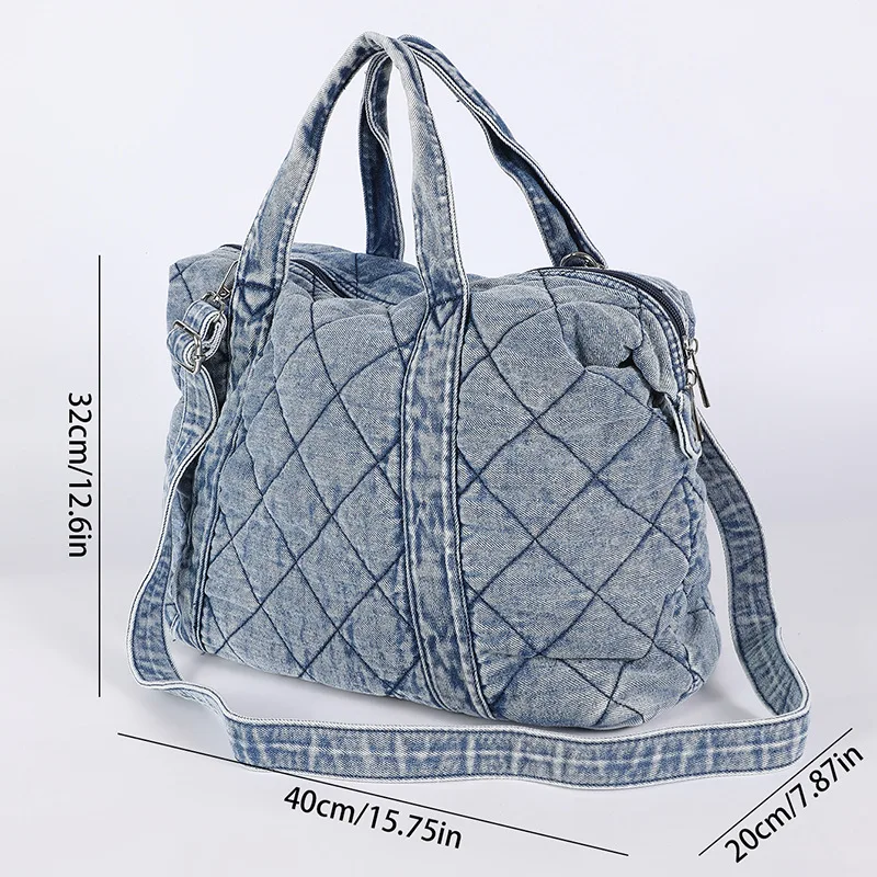Vintage Washed Denim Quilted Boston Handbag Large Capacity Plaid Pattern Casual Handbag 2025 Hot Sale Women's Shoulder Bag