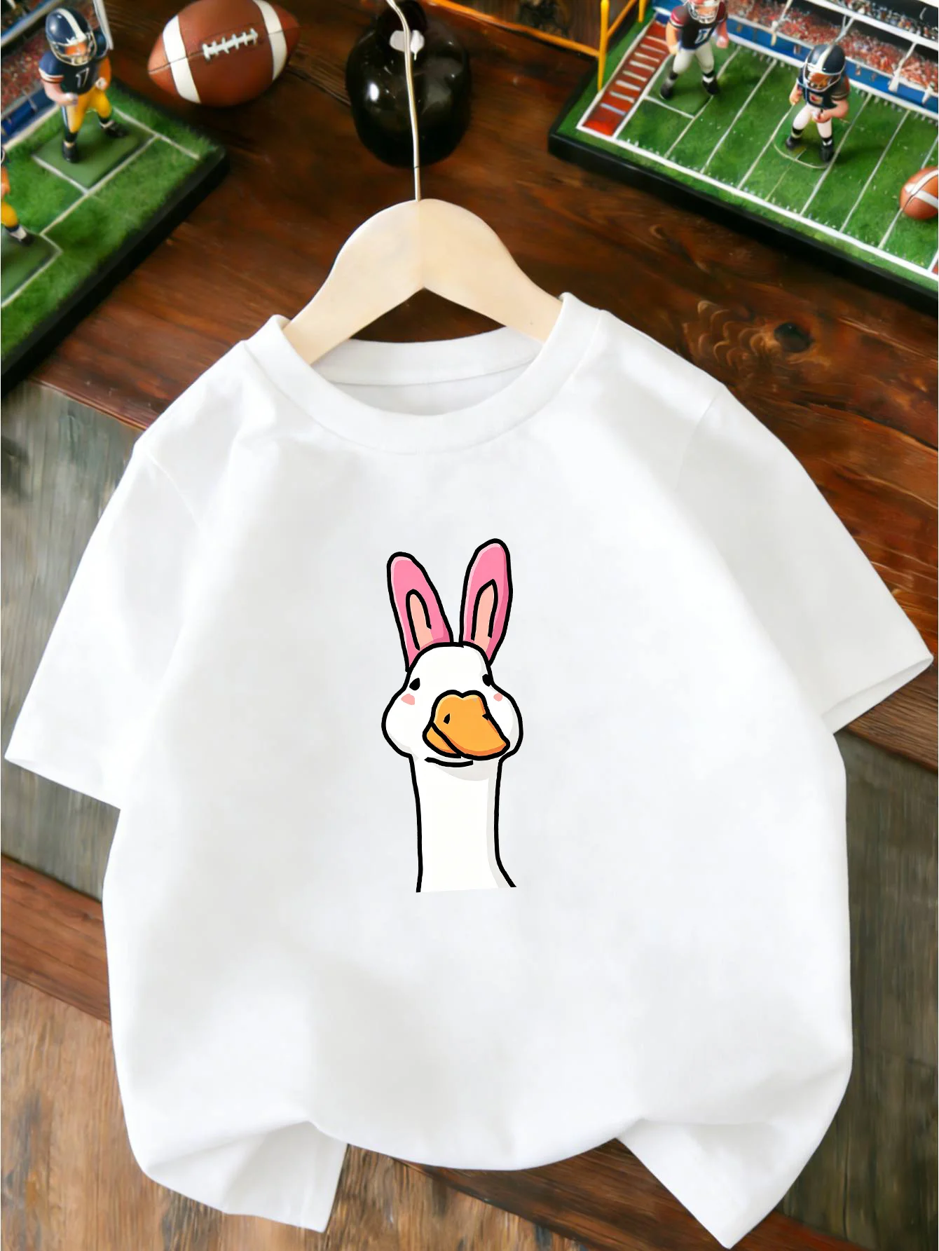 Cute White Goose With Pink Bunny Ears Cartoon Print T Shirt Boys Girls Lovely Short Sleeve Tee Family Matching Kids Cotton Tops