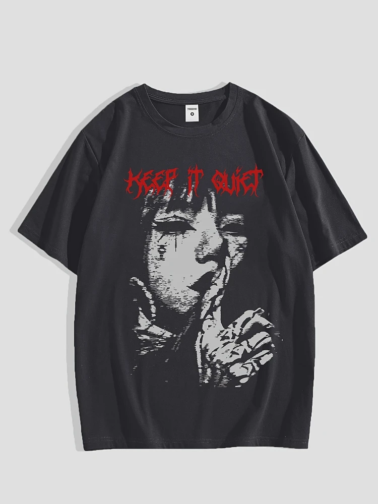 

Keep it Quiet Gothic Character Graphic with Bold Red Lettering-100% cotton O-neck short sleeve casual men's printed T-shirt.