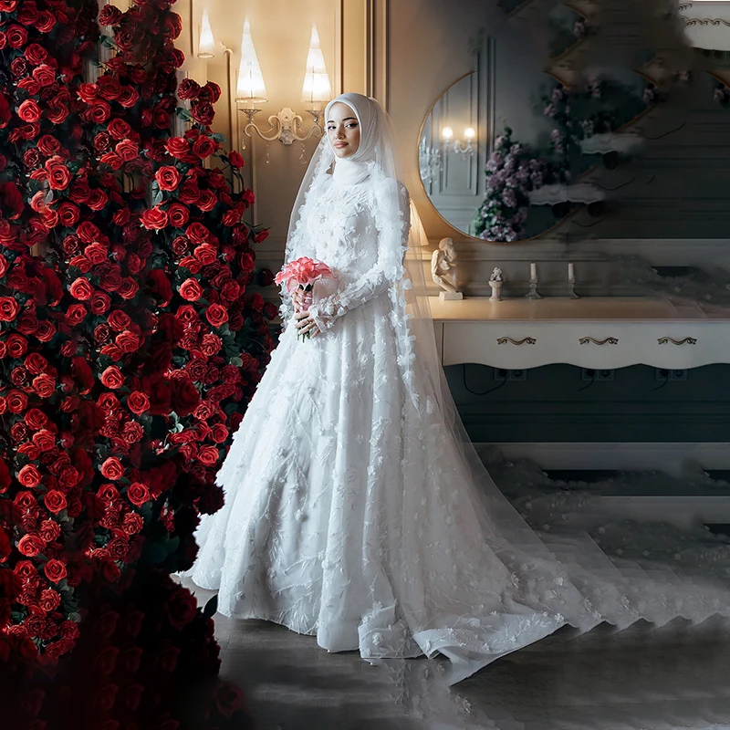 

Muslim Weddings Dresses with Hijab High Neck Long Sleeve A-Line Brides Dress with 3D Flower Draped Luxury Bridal Gown Customized
