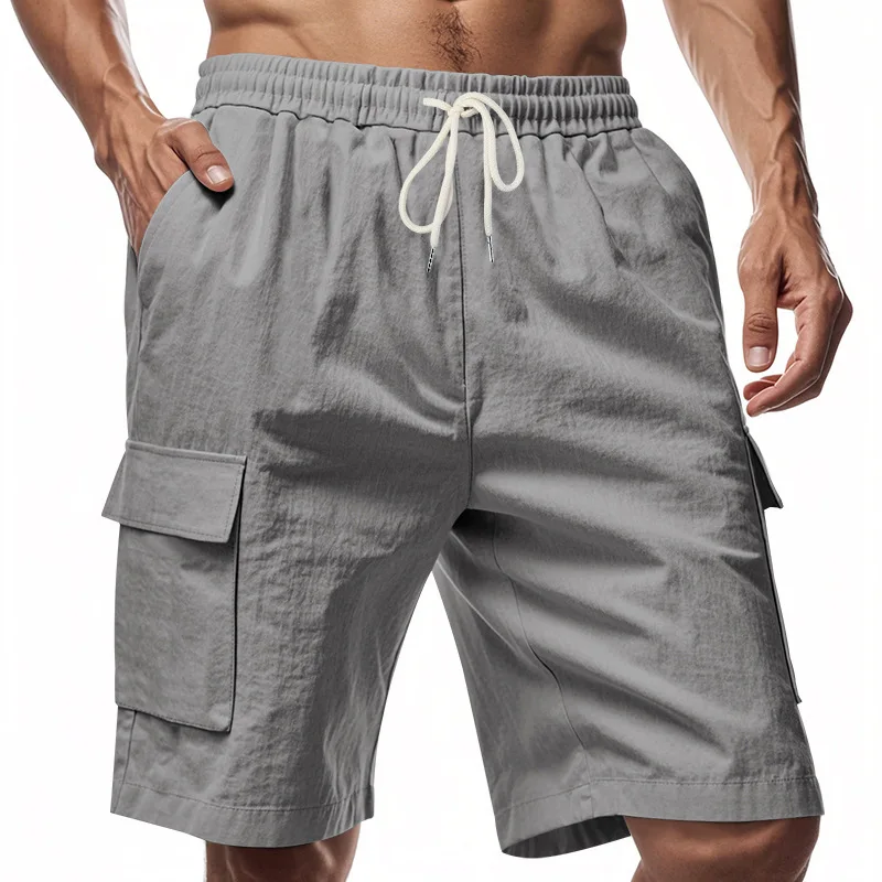 

Summer New Men's casual beach multi pocket workwear shorts Men's solid color loose linen sports straight leg five quarter pants