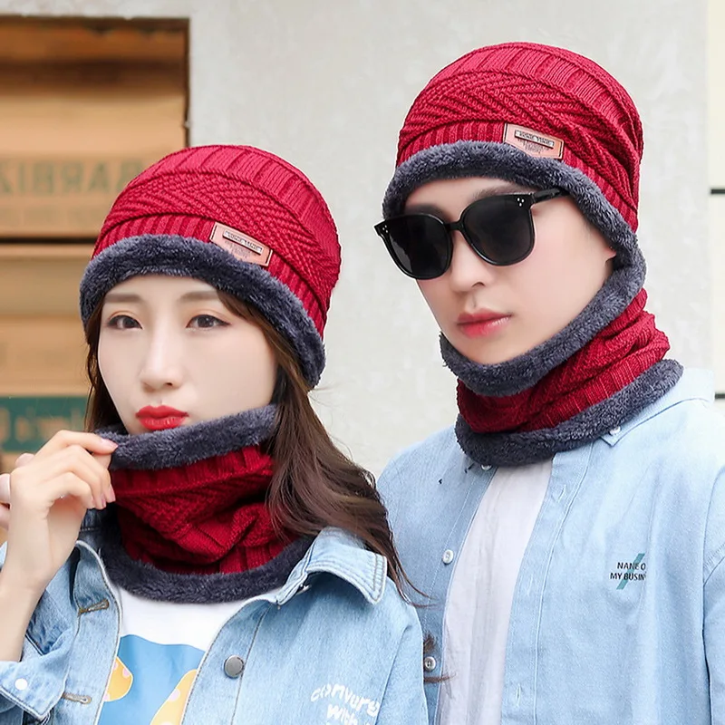 3pcs/set Fashion Knitted Hat Men Women\'s Winter 2022 Hats With Scarves And Touch Screen Gloves Thick Warm Beanie Hat Men Caps