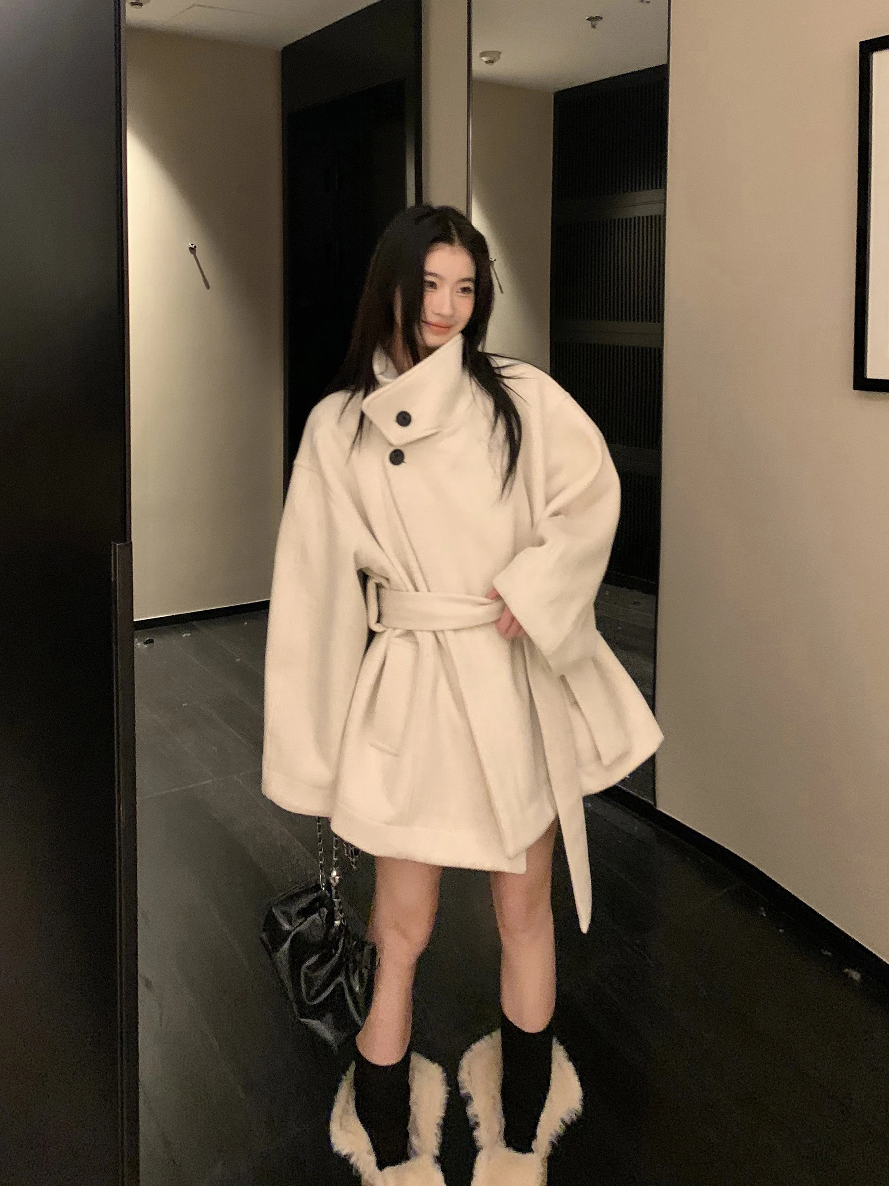 

Buou Woolen Tweed Coat Women's Loose Silhouette Stand Collar Long Sve Autumn Winter Faion Outerwear Pure Color