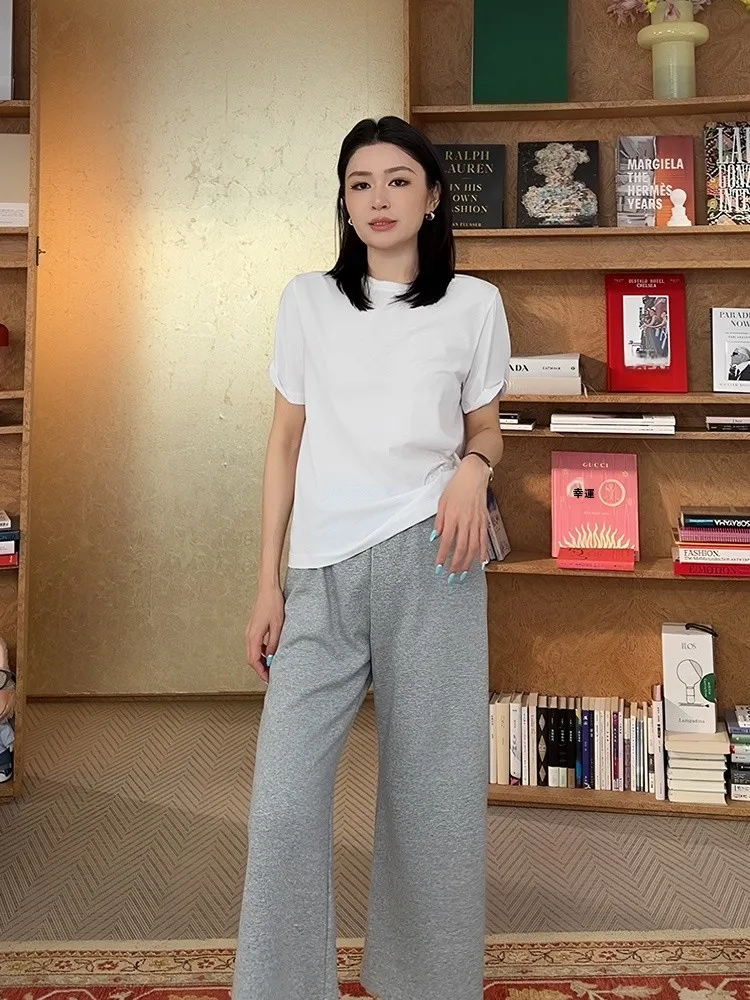 

Le Samedi Women's Casual Pants One-Piece Elastic Drawstring Combed Yarn Eighteen Sweater Pants High Waist Straight Leg Trousers