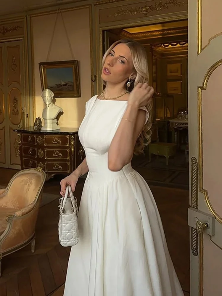 

Elegant Solid Women Maxi Dress Fashion Sleeveless Round Neck Retract Waist A Line Pleated Robe 2025 New Lady Party Evening Gown