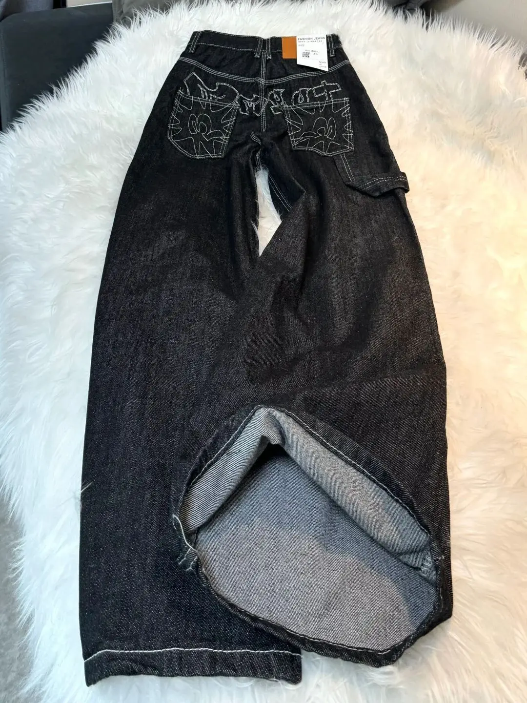 Jeans da strada retrò americani di grandi dimensioni, nuovi pantaloni a gamba larga larghi e versatili con stampa a linea retta e design ricamato