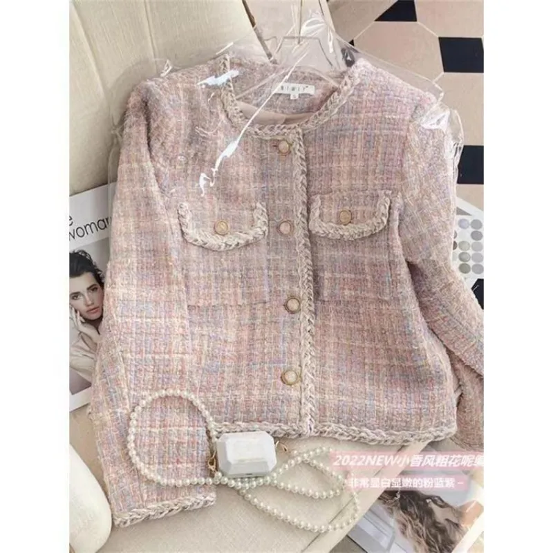 

Temperament Celebrity Coarse Tweed Plaid Jacket Women Korean Round Neck Single Breasted Fashion French Sweet Loose Spring Coat