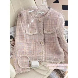 Temperament Celebrity Coarse Tweed Plaid Jacket Women Korean Round Neck Single Breasted Fashion French Sweet Loose Spring Coat