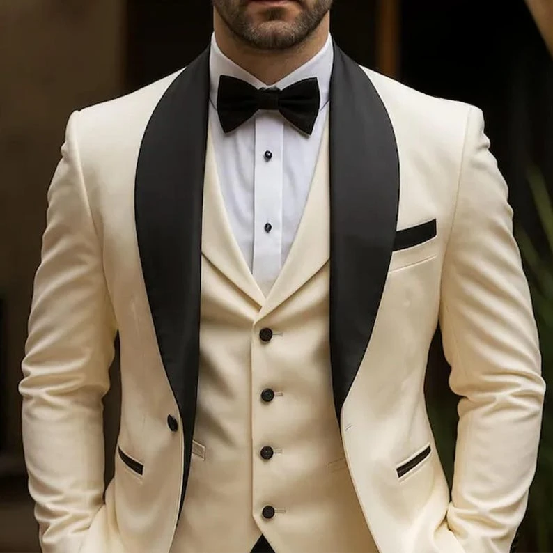 

White Men’s Tuxedo Suit Wedding Beige Formal Slim Fit Groom Attire Men’s Blazer Pants Set