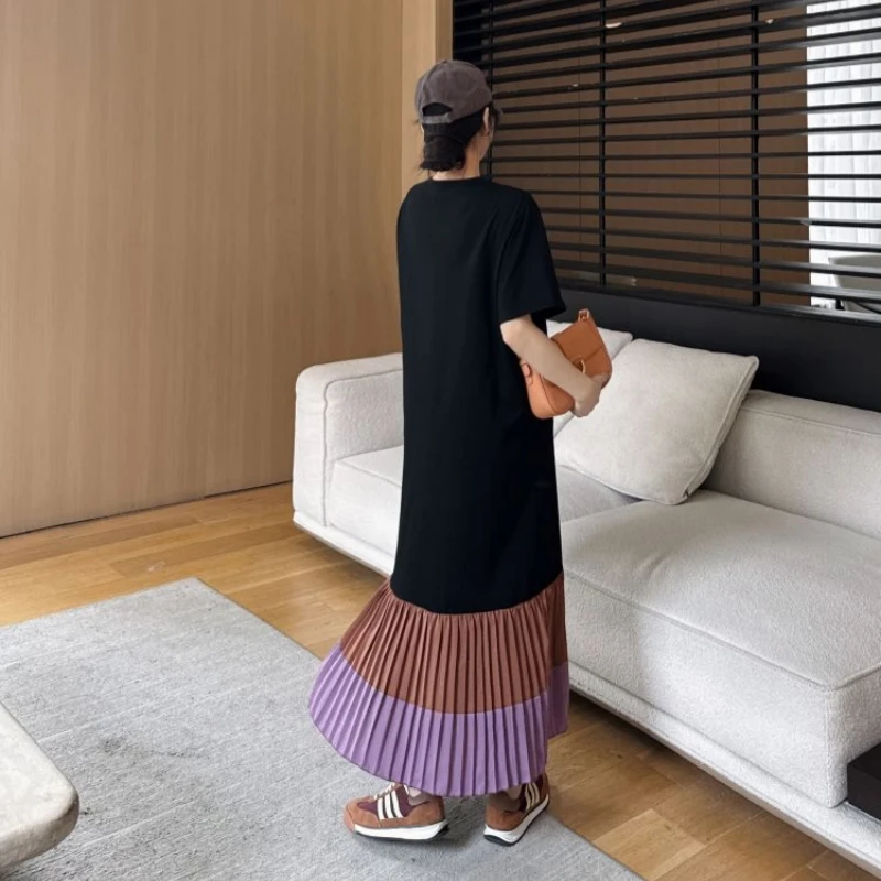 الصيف امرأة تي شيرت س الرقبة ميدي فستان Vestidos رداء Elbise فضفاض حجم كبير المرقعة مطوي هيم قصيرة الأكمام فساتين طويلة