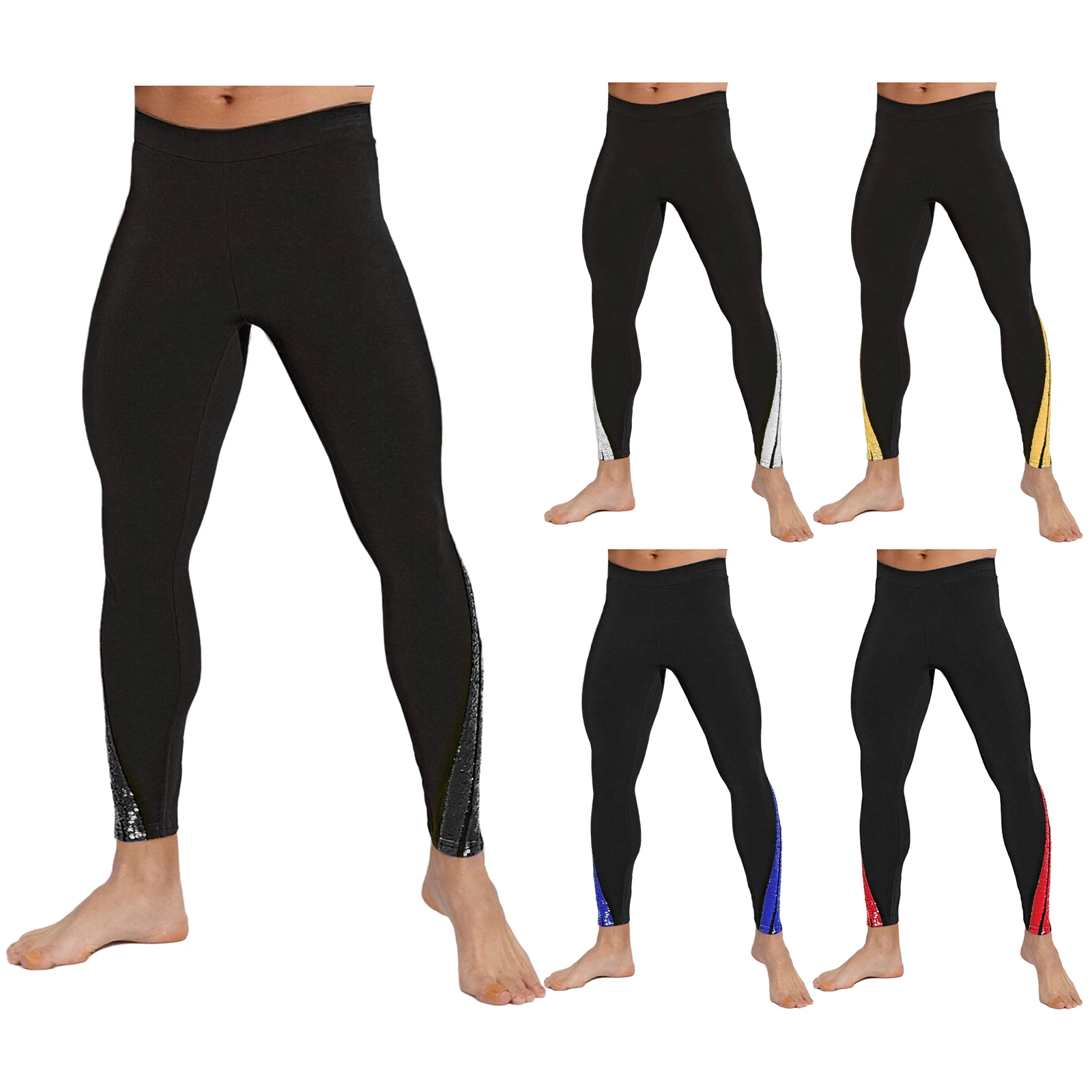 

Mens Figure Skating Long Pants Shiny Sequins Contrast Color Leggings with Buckled Straps Stirrup Pants for Ballet Latin Dance