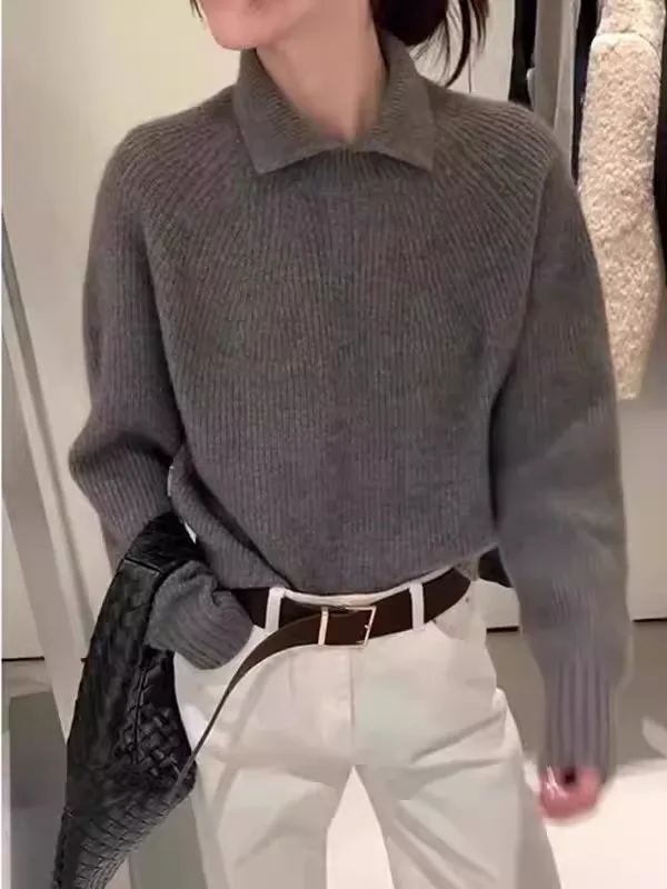 

Korean Sle Small Collar Striped Knitted Sweater Women Early Autumn Color High School Junior High Student Knitwear Top