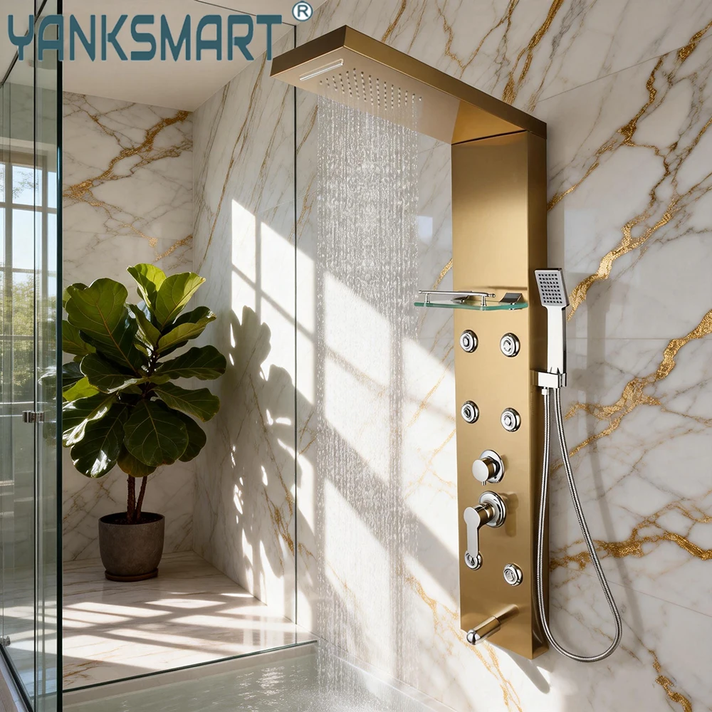 

YANKSMART позолоченный смеситель для душа в ванной комнате, душевая панель, система массажа тела, струйная башня, Chuveiro, колонный кран с полкой, комбинированный комплект
