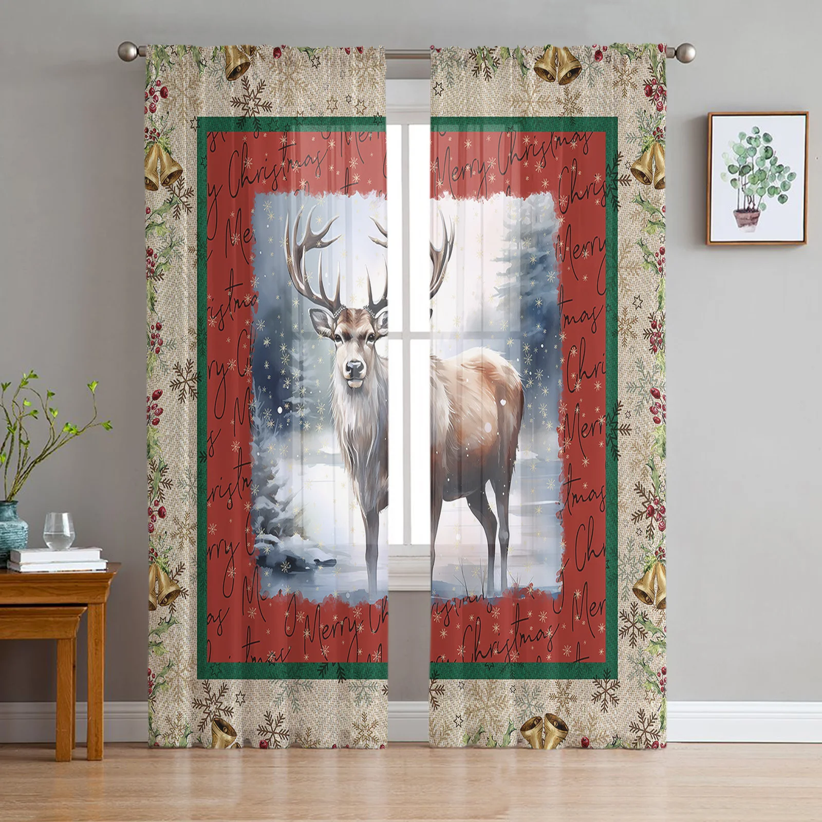 Christmas Deer Snowflakes Window Tulle Curtains for Living Room Kitchen Christmas Home Decor Sheer Voile Curtains