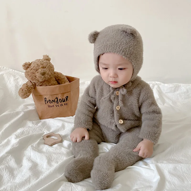 MiniAinis Autumn Winter Baby Mink Plush Romper Girls Cute Little Bear Jumpsuit Boy Wrapped Feet Climbing Suit Going Out Bodysuit