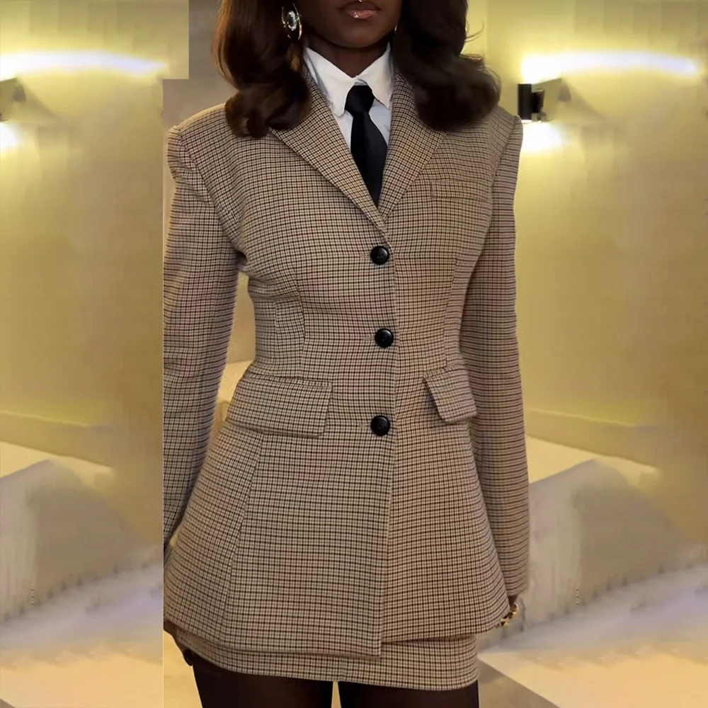 

2025 Luxury Single Breasted Plaid Female Suit 2 Pieces Jacket Short Skirt Office Lady Chic Outfits Trajes De Mujer Elegante