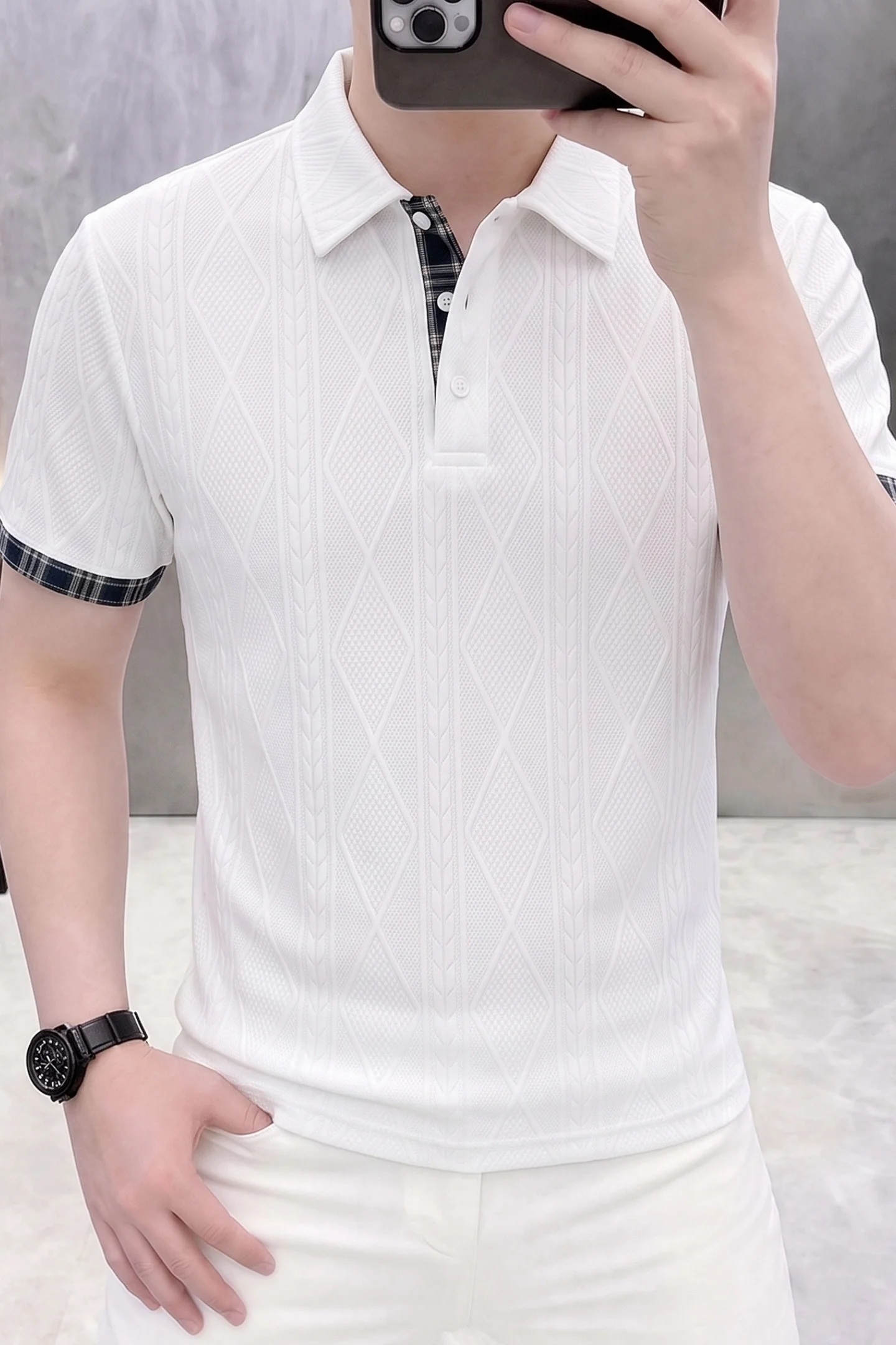 2026 Summer Men's Jacquard Short-Sleeved Trendy Collar Loose Large-Sized Youth Summer Short-Sleeve T-Shirt