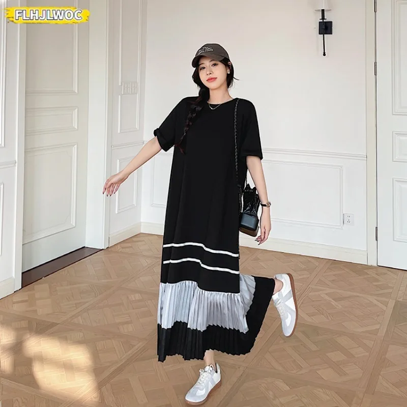 Luźne plisowane sukienki Europejskie wakacje Kobiety Patchwork Kwiatowy fałszywy dwuczęściowy wzór Długa, maksi bawełniana sukienka T-Shirt