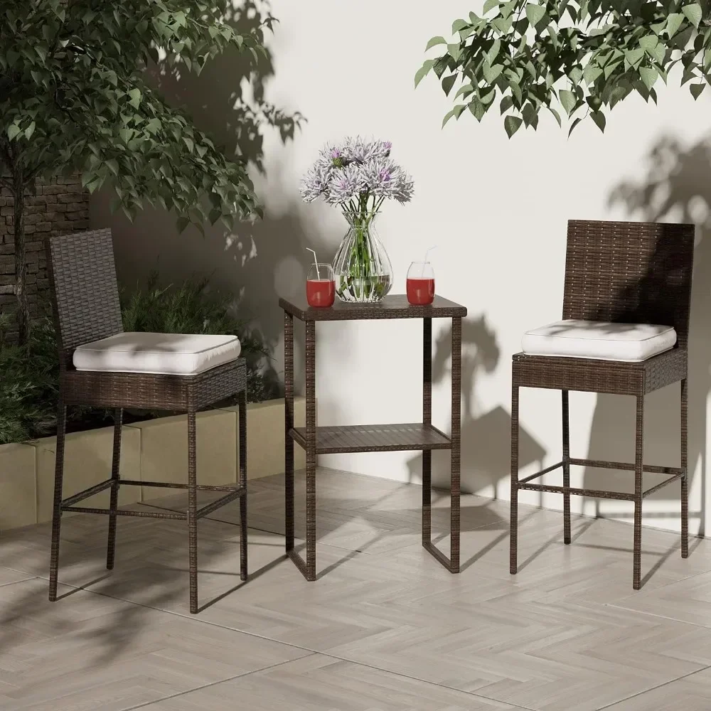 Bar Stools Set of 4, High Brown Rattan Chair with Pillow & Beige Cushion, All-Weather, Bar Chairs