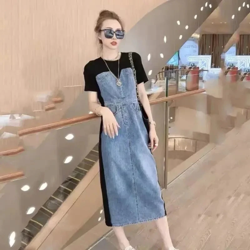 

Plus-Size Women's Patchwork Denim Dress Summer Casual Loose Long Short Sleeve O-Neck Pocket Fake Two Dresses Vestidos Para Mujer