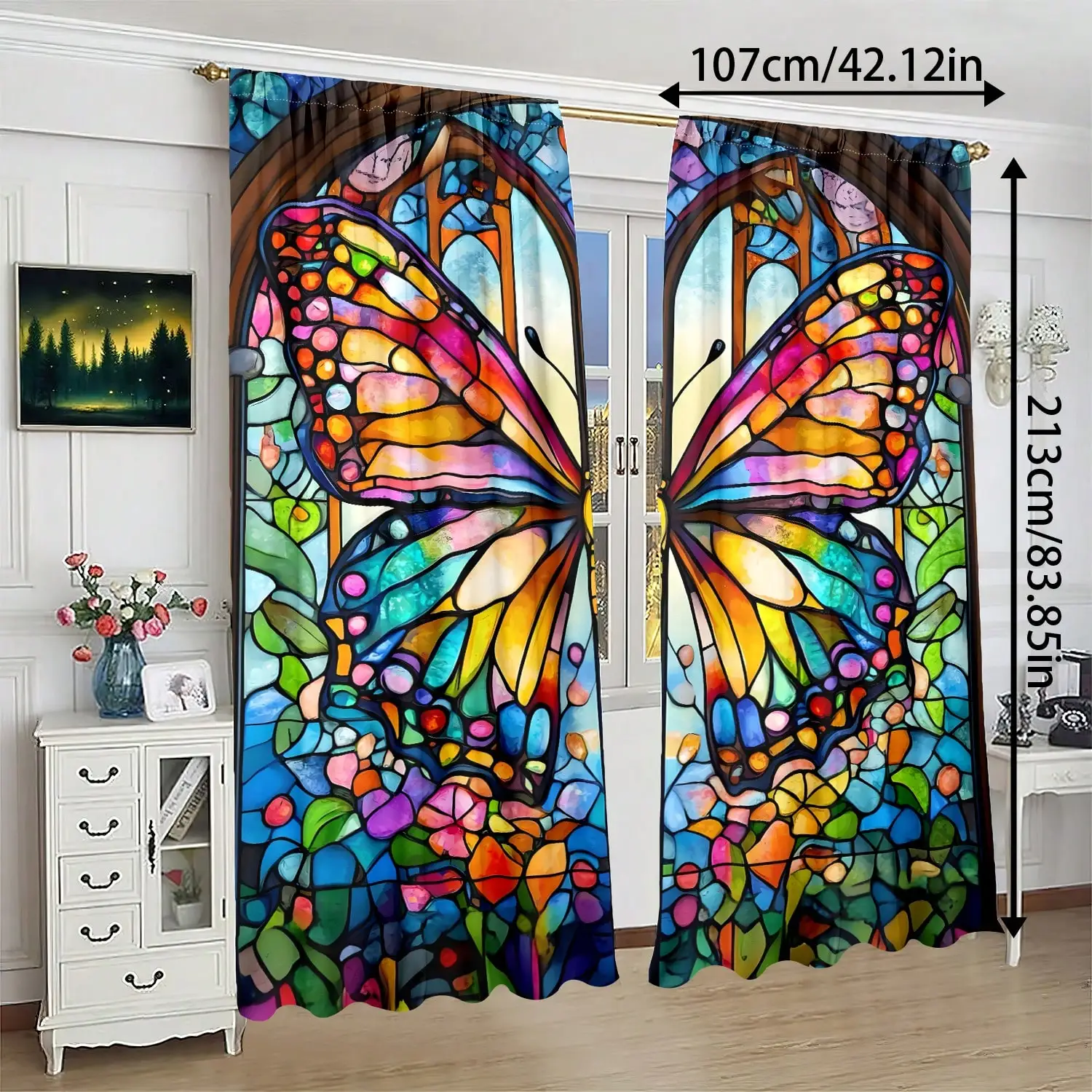 Stained Glass Butterfly Curtain, Colorful Window Drapes Artistic Insect Print Blackout Curtains for Living Room   multiple sizes