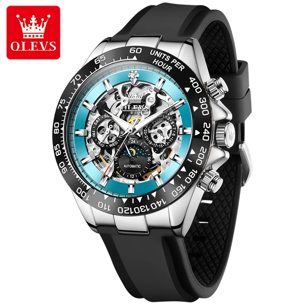 OLEVS Skeleton Mechanical Mens Watches High Quality Automatic Sport Clock Date Moon Phase Retro Wristwatch Relojes Hombre