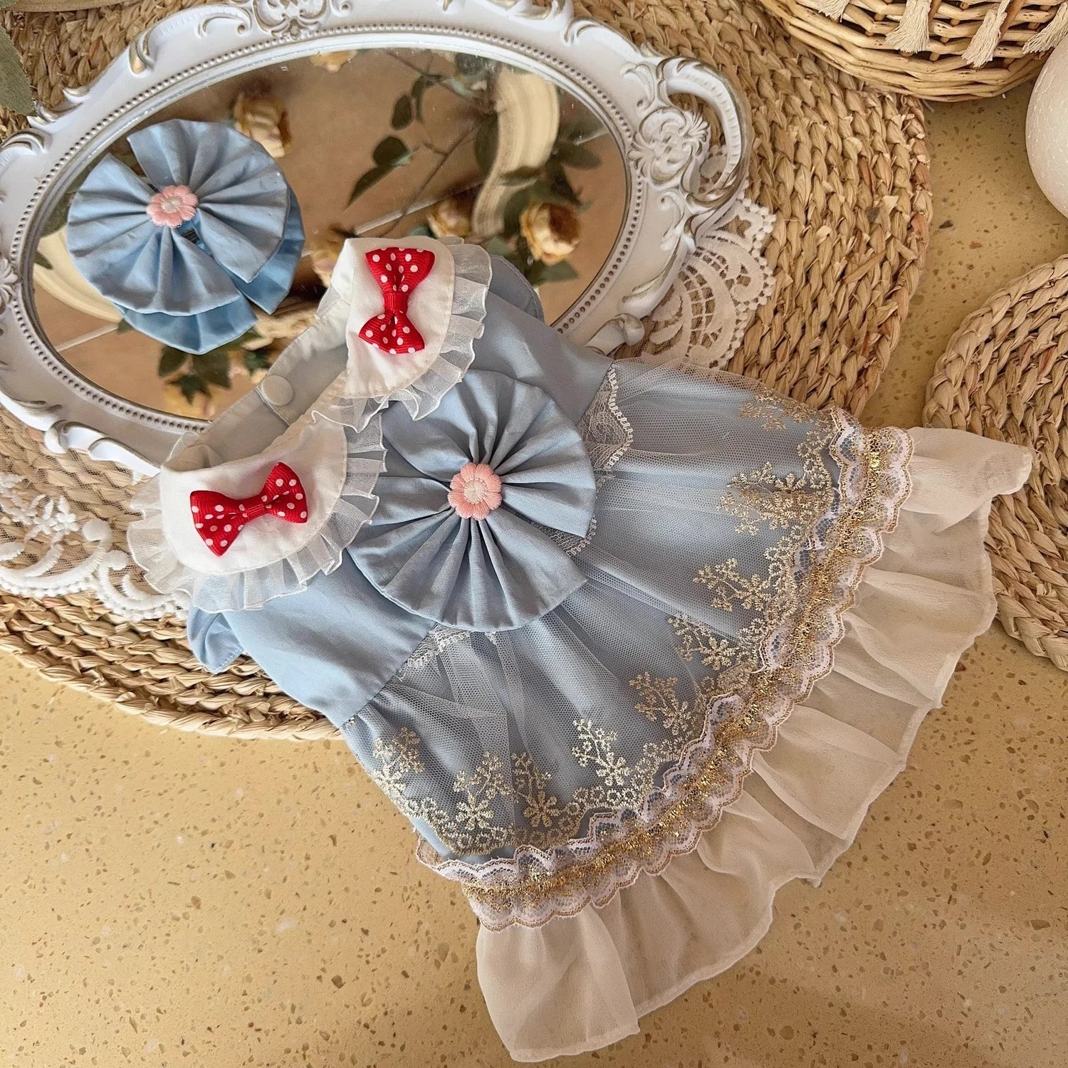 Original Handmade Customized Pet Clothes Big Bow Cat Puppy Lolita Princess Dress Poodle Bichon Lace Dress Sweet Tutu Dog Dresses