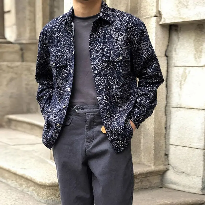 American Retro Maillard Shirts for Men High-end Luxury Cashew Flower Design Top Autumn Long Sleeve Lapel buttons Arabic Shirt