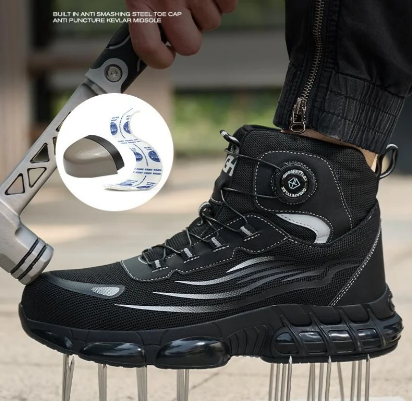 أحذية أمان رجالية عالية الجودة أحذية أمان للعمل أحذية رياضية بمقدمة من الفولاذ وزر دوران مضاد للسحق ومضاد للثقب أحذية أمان من الفولاذ