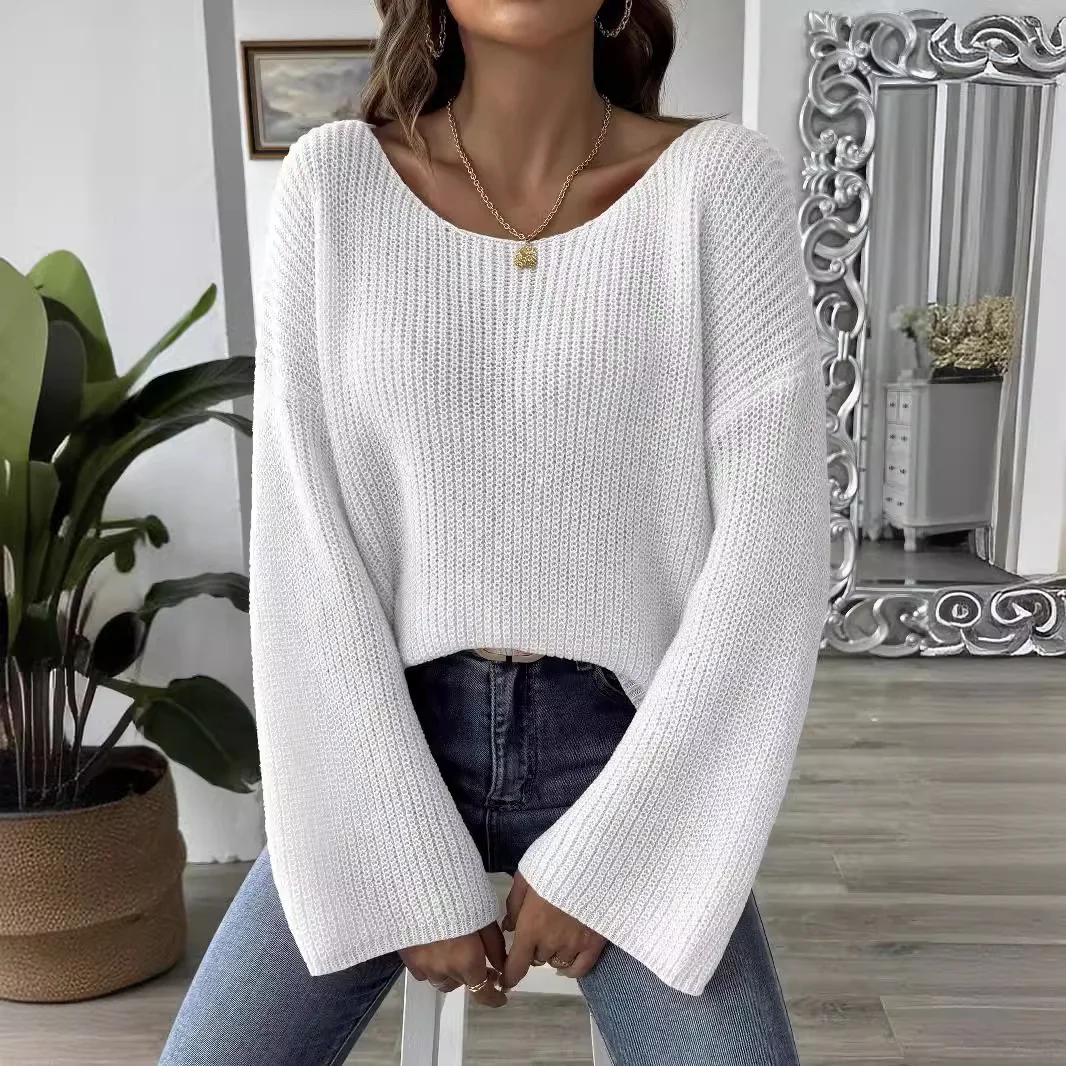 2026 Autumn Winter Women Pink Solid Long Sleeve Knitted Sweater Loose Boat Neck Pullover Casual Off Shoulder Fashionable Outfit