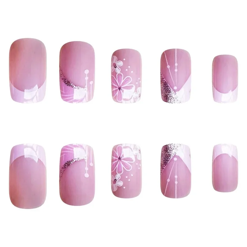 24Pcs/set Square Shaped Glossy Press-On Nails Inspired Pinkish French Tip Design with Delicate Flower Patterns for Women&Girls